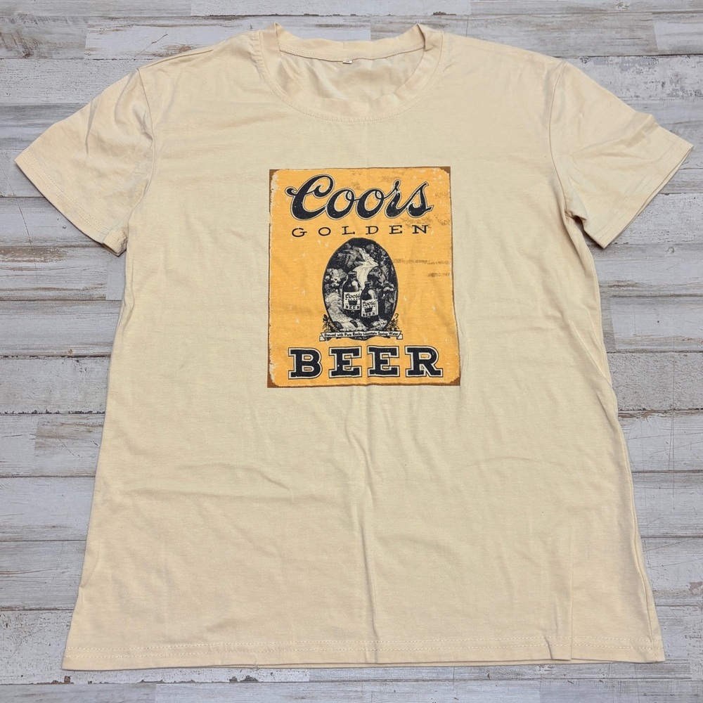 Coors Golden Beer T-Shirt Sz Small Beige Spellout Graphic Tee Rocky Mountains